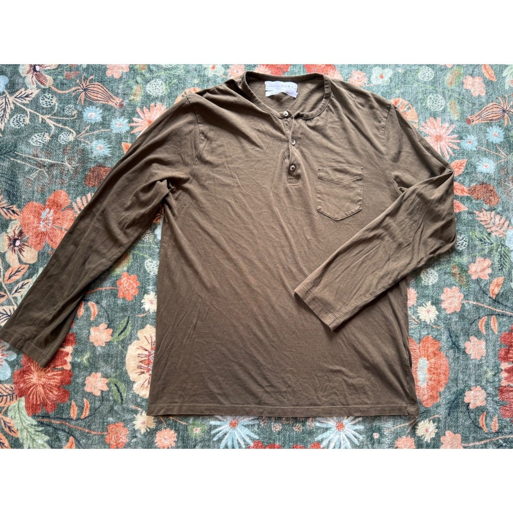 Zara Essentials Green Henley Shirt Long Sleeve Relaxed Fit Pocket Top Women L‎